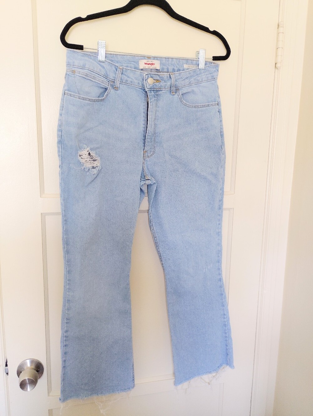 Wrangler Women's Light Blue High Rise Kick Flare Jeans Distressed Style
